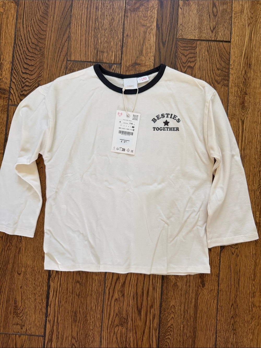 Zara White Long Sleeve Tee with Black Ringer and 'Besties Together' Print